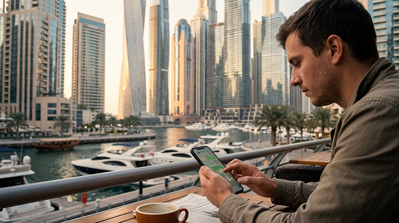 Traveler using WhatsApp in the UAE with smartphone and Dubai skyline in the background.