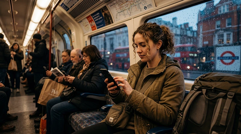 Traveler using WhatsApp and mobile internet while visiting the United Kingdom.