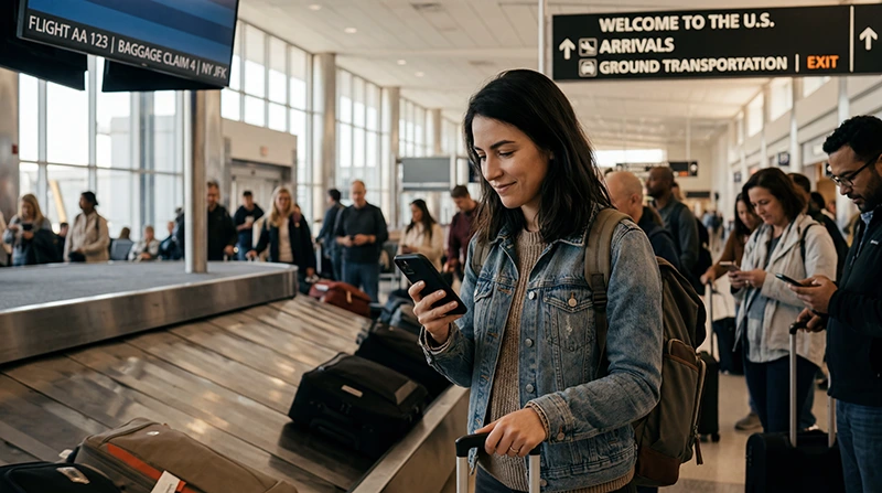 Traveler using WhatsApp with mobile internet and a USA eSIM while visiting the United States.
