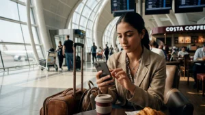 Traveler connected to free WiFi at Dubai Airport using smartphone near departure gates.