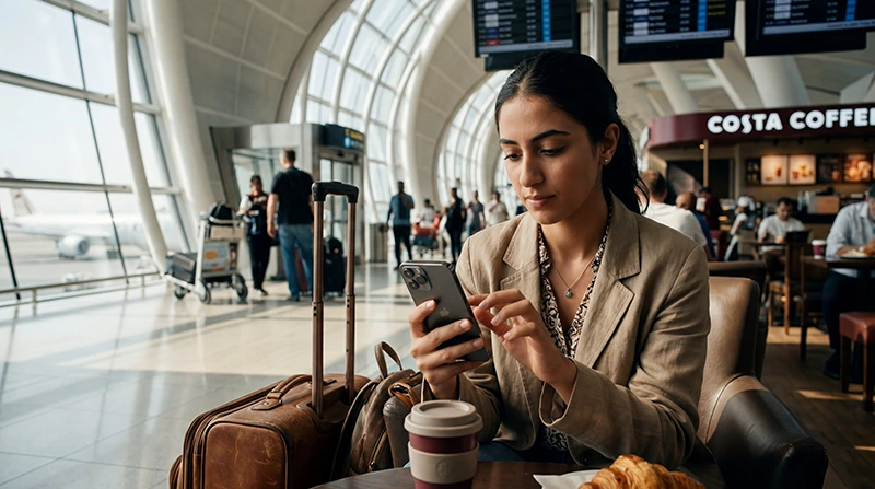 Traveler connected to free WiFi at Dubai Airport using smartphone near departure gates.