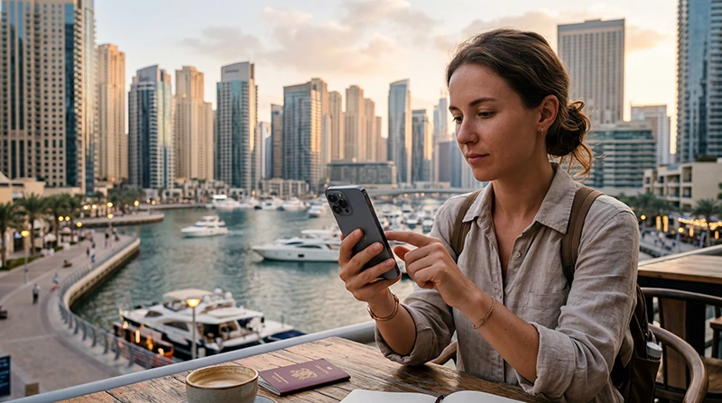 Traveler installing a Dubai eSIM on an iPhone while visiting Dubai.