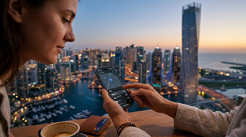 Traveler using a Dubai eSIM with mobile internet near Burj Khalifa in Dubai for maps, WhatsApp, travel apps, and navigation.