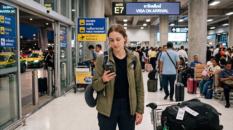 Traveler activating a Thailand eSIM at Bangkok airport for mobile internet, maps, ride-hailing apps, and travel connectivity.