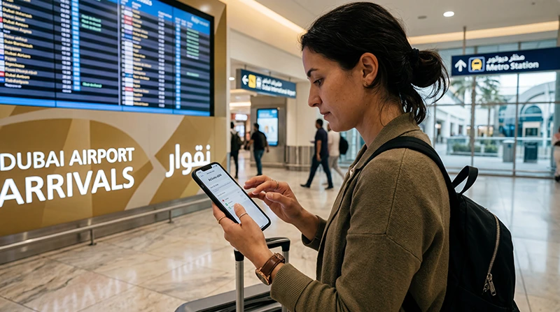 Traveler activating a Dubai eSIM at Dubai Airport with smartphone and luggage near the arrival terminal.