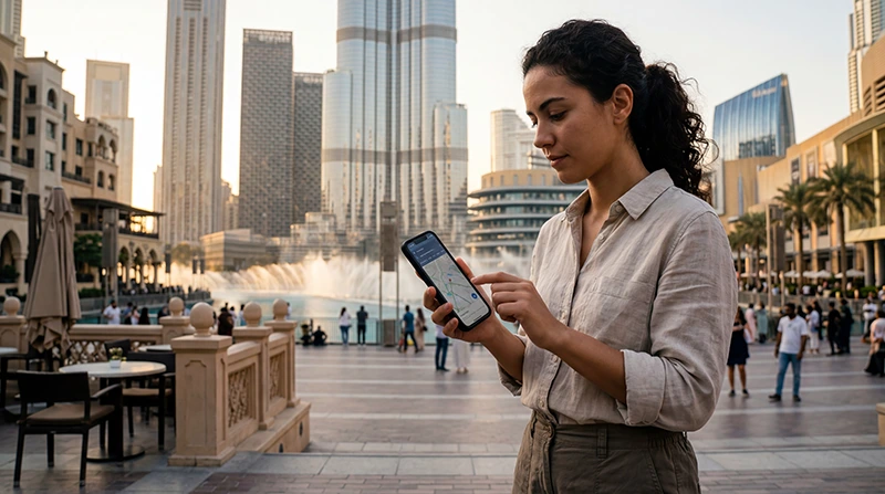 Tourist using a Dubai eSIM near Burj Khalifa with smartphone and Dubai skyline in the background.