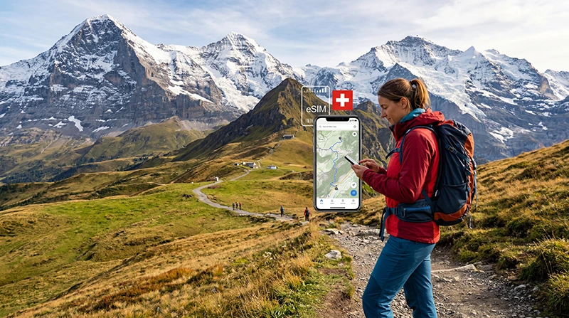 Hiker using eSIM mobile internet while hiking in Switzerland.