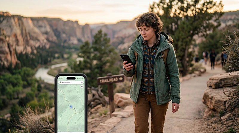 Traveler using a USA eSIM for mobile internet and navigation while visiting national parks in the United States.