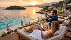 Travelers using eSIM mobile internet during a summer trip in Albania on the Albanian Riviera.