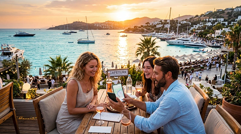 Travelers using eSIM mobile internet during summer vacation in Turkey.