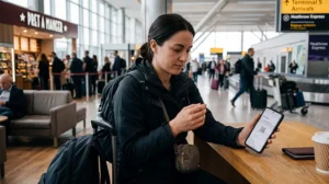 Traveler activating an eSIM at Heathrow Airport on a smartphone after arriving in London.