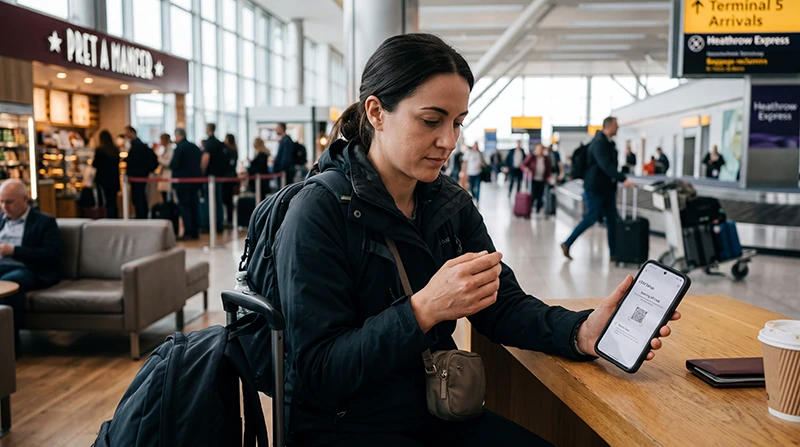 Traveler activating an eSIM at Heathrow Airport on a smartphone after arriving in London.
