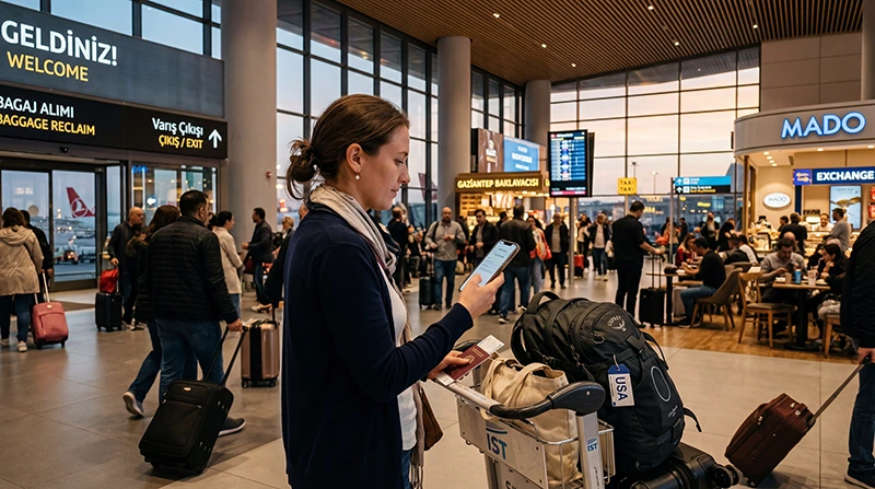 Traveler setting up an eSIM after arriving at Istanbul Airport in Turkey.