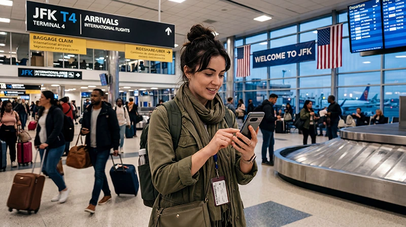 Traveler activating a USA eSIM and using mobile internet at JFK Airport in New York.