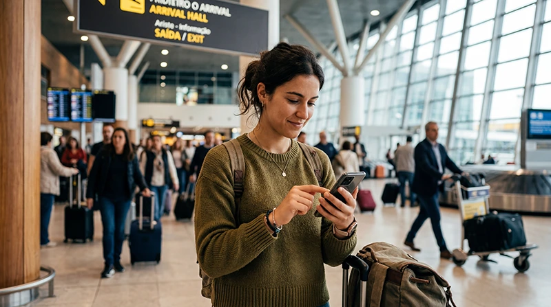 Traveler using Portugal eSIM after arriving at Lisbon Airport