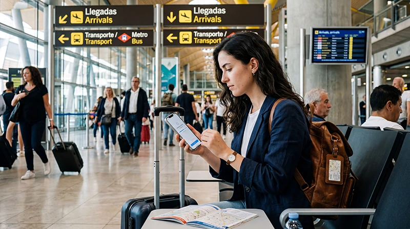 Traveler activating eSIM after arriving at Madrid Airport