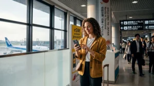 Traveler activating an eSIM and using mobile internet at Narita Airport in Japan.
