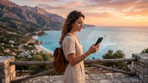 Traveler troubleshooting an eSIM not working in Albania while using mobile data settings.