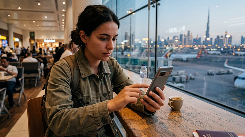 Traveler troubleshooting a Dubai eSIM connection issue on a smartphone in Dubai.