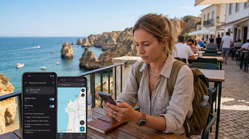 Traveler troubleshooting Portugal eSIM mobile internet connection in Portugal