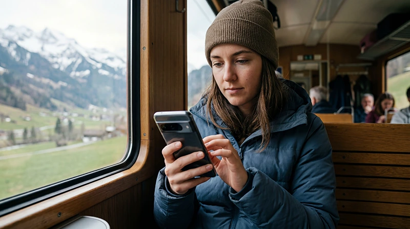 Traveler troubleshooting eSIM mobile internet issues in Switzerland.