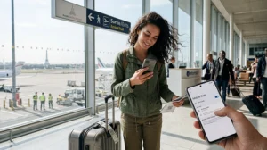 Traveler using France eSIM and mobile internet after landing at Paris Airport