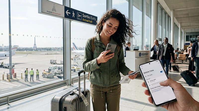 Traveler using France eSIM and mobile internet after landing at Paris Airport