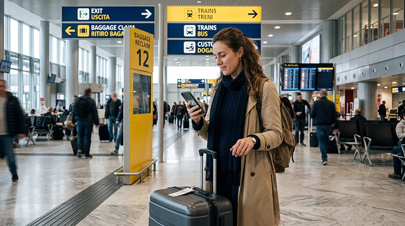 Traveler using eSIM mobile internet after arriving at Rome Airport in Italy