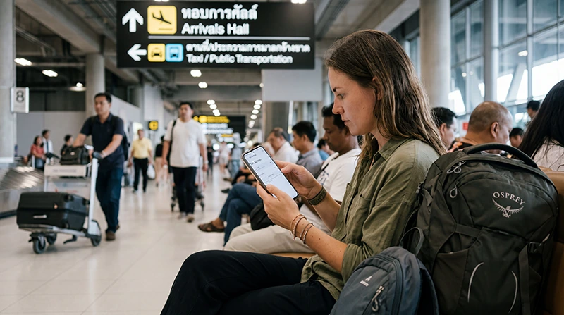 Traveler activating a Thailand eSIM at Suvarnabhumi Airport in Bangkok for mobile internet, maps, ride-hailing apps, and travel connectivity.