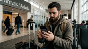 Traveler activating eSIM mobile internet at Toronto Pearson Airport.