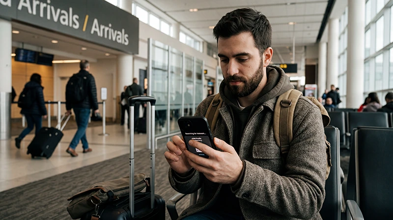 Traveler activating eSIM mobile internet at Toronto Pearson Airport.