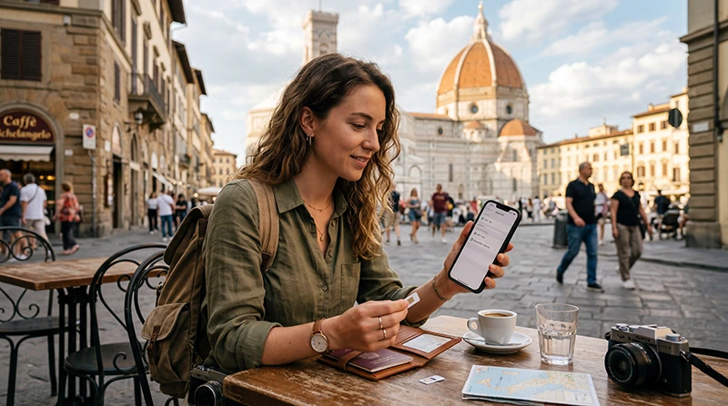 Traveler comparing eSIM and SIM card options for Italy travel