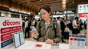 Traveler comparing eSIM and SIM card internet options while traveling in Japan.