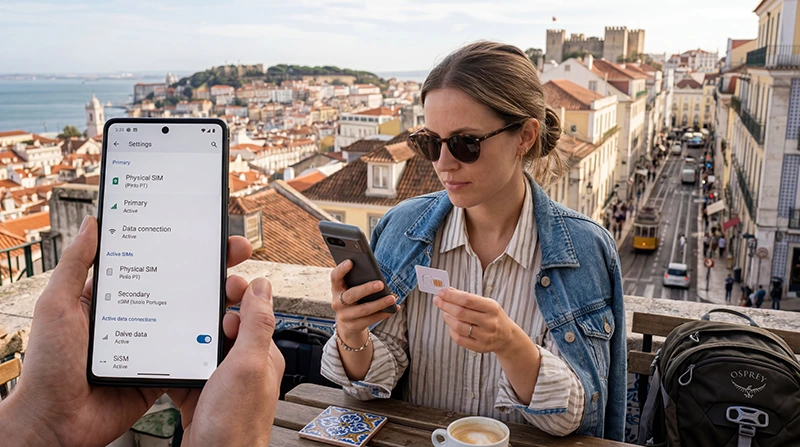 Tourist comparing Portugal eSIM and physical SIM card while traveling in Portugal