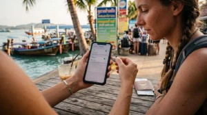 Traveler comparing a Thailand eSIM and physical SIM card while using mobile internet in Thailand for maps, travel apps, and navigation.
