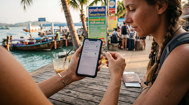Traveler comparing a Thailand eSIM and physical SIM card while using mobile internet in Thailand for maps, travel apps, and navigation.