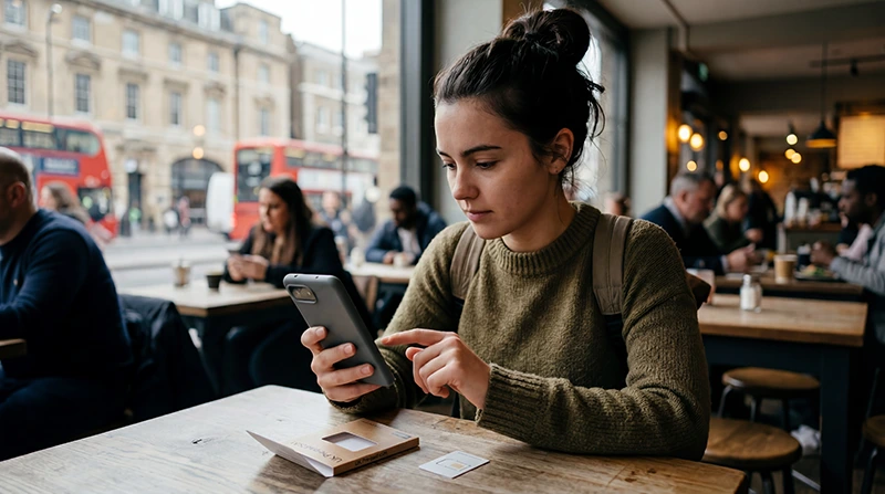 Traveler comparing eSIM and physical SIM card options for mobile internet in the United Kingdom.