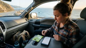 Traveler comparing a USA eSIM and physical SIM card for mobile internet while visiting the United States.