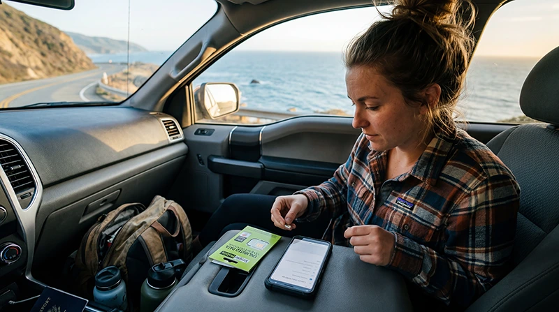 Traveler comparing a USA eSIM and physical SIM card for mobile internet while visiting the United States.