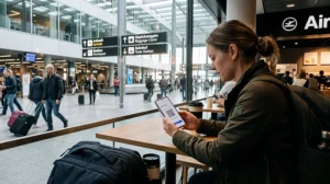 Traveler activating an eSIM and mobile internet at Zurich Airport in Switzerland.