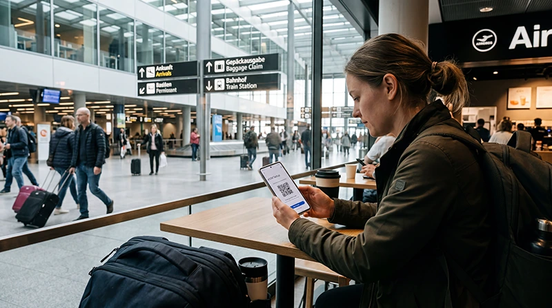 Traveler activating an eSIM and mobile internet at Zurich Airport in Switzerland.