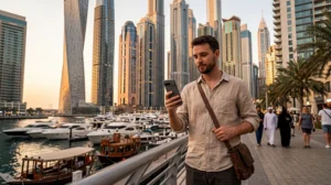 Tourist using Google Maps in Dubai with smartphone near Burj Khalifa and Dubai streets.