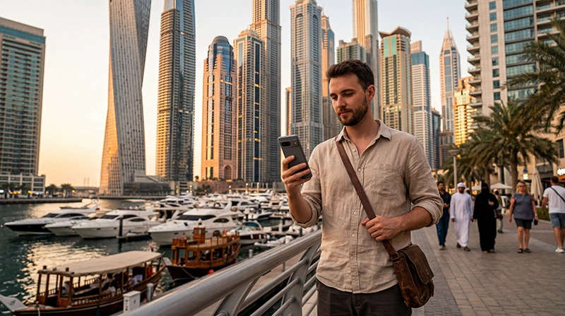 Tourist using Google Maps in Dubai with smartphone near Burj Khalifa and Dubai streets.