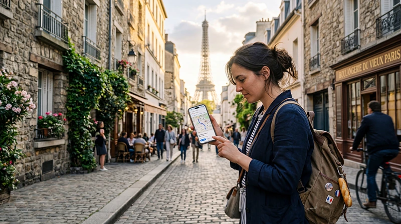 Traveler using Google Maps with France eSIM and mobile internet while exploring France
