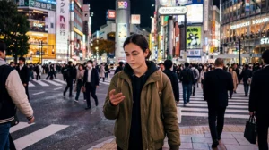 Traveler using Google Maps and mobile internet while navigating in Japan.