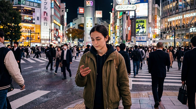 Traveler using Google Maps and mobile internet while navigating in Japan.