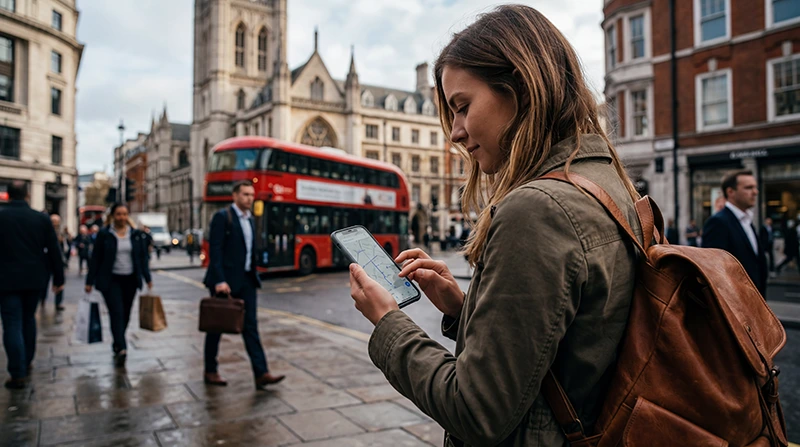 Traveler using Google Maps in London on a smartphone near famous city landmarks.
