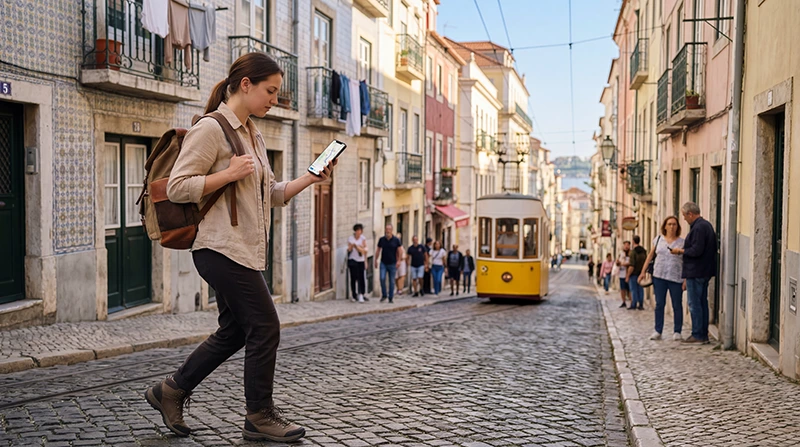 Tourist using Google Maps with Portugal eSIM while exploring Portugal