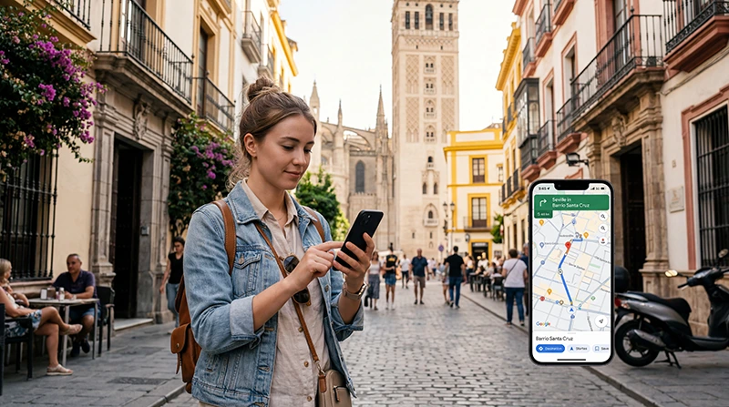 Traveler using Google Maps with eSIM mobile internet in Spain