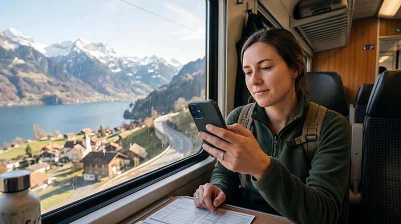 Traveler using Google Maps and mobile internet while traveling across Switzerland.
